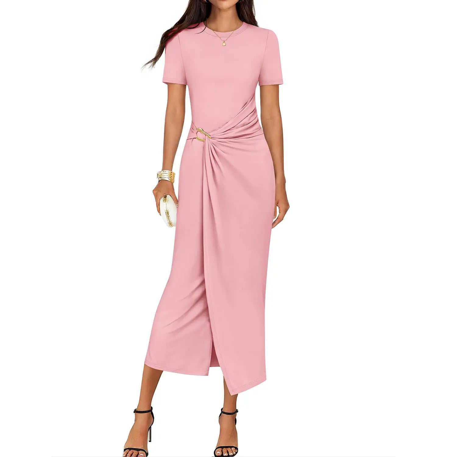ZESICA Women'S 2026 Summer Short Sleeve Bodycon Midi Dress Crewneck Ruched Wedding Guest Cocktail Party Long Dresses