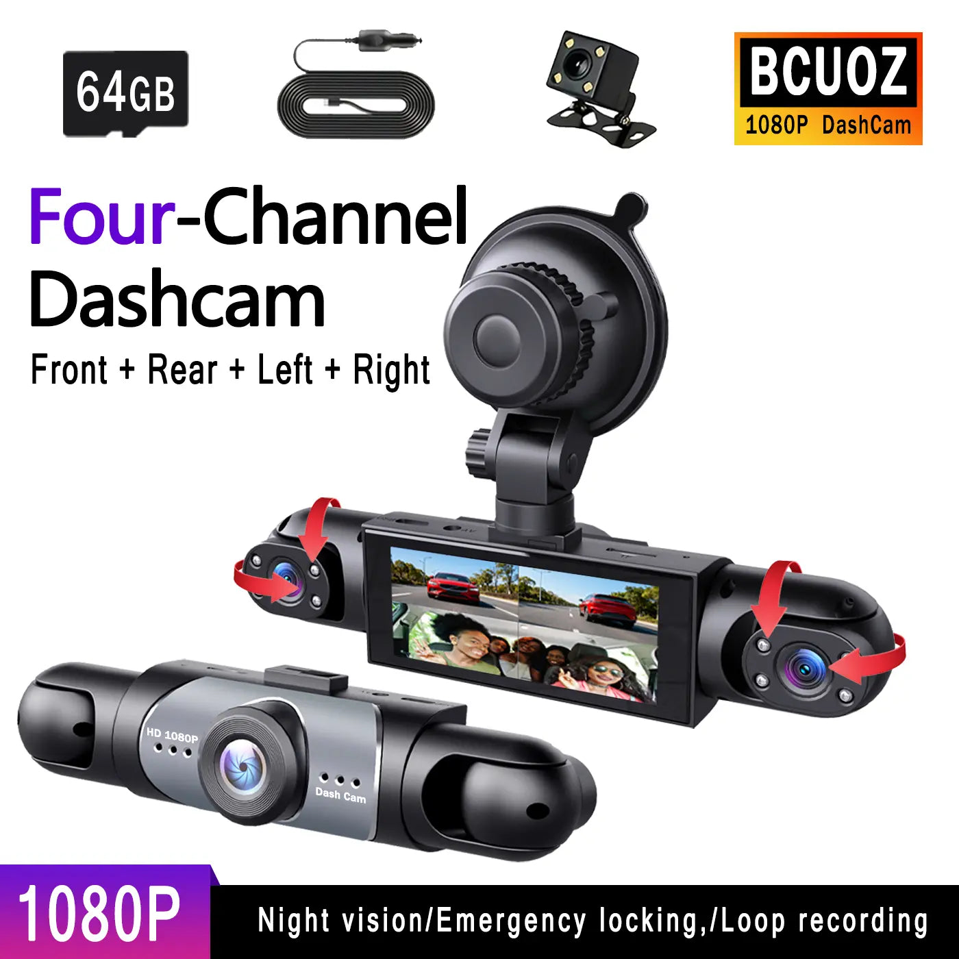 4 Channel Dash Cam for Car HD 1080P Video Recorder with Night Vision G-Sensor Loop Recording 3.16 Inch LCD Monitor 64GB Memory Card