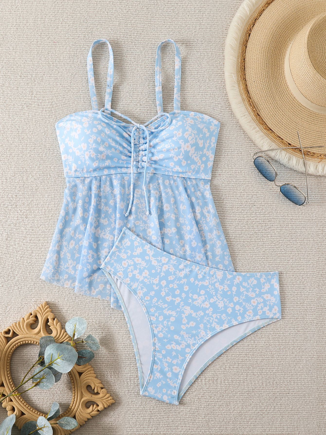 Floral Sexy Swimsuit With Shoulder Straps Women's Beach Bikini Suit