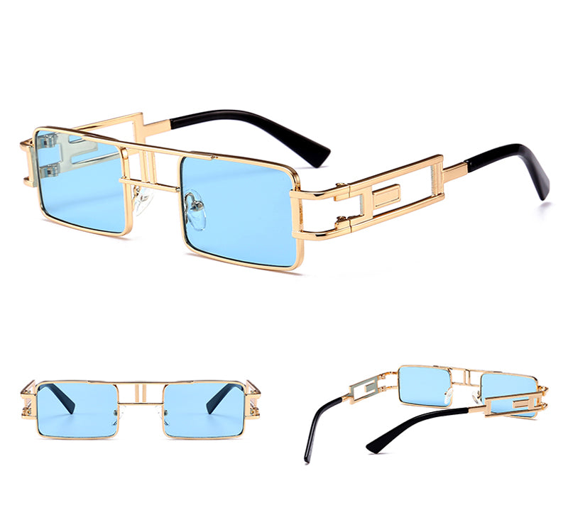 lunettes de soleil rectangulaires hommes steampunk hommes monture métallique or noir rouge dessus plat lunettes de soleil carrées pour femmes