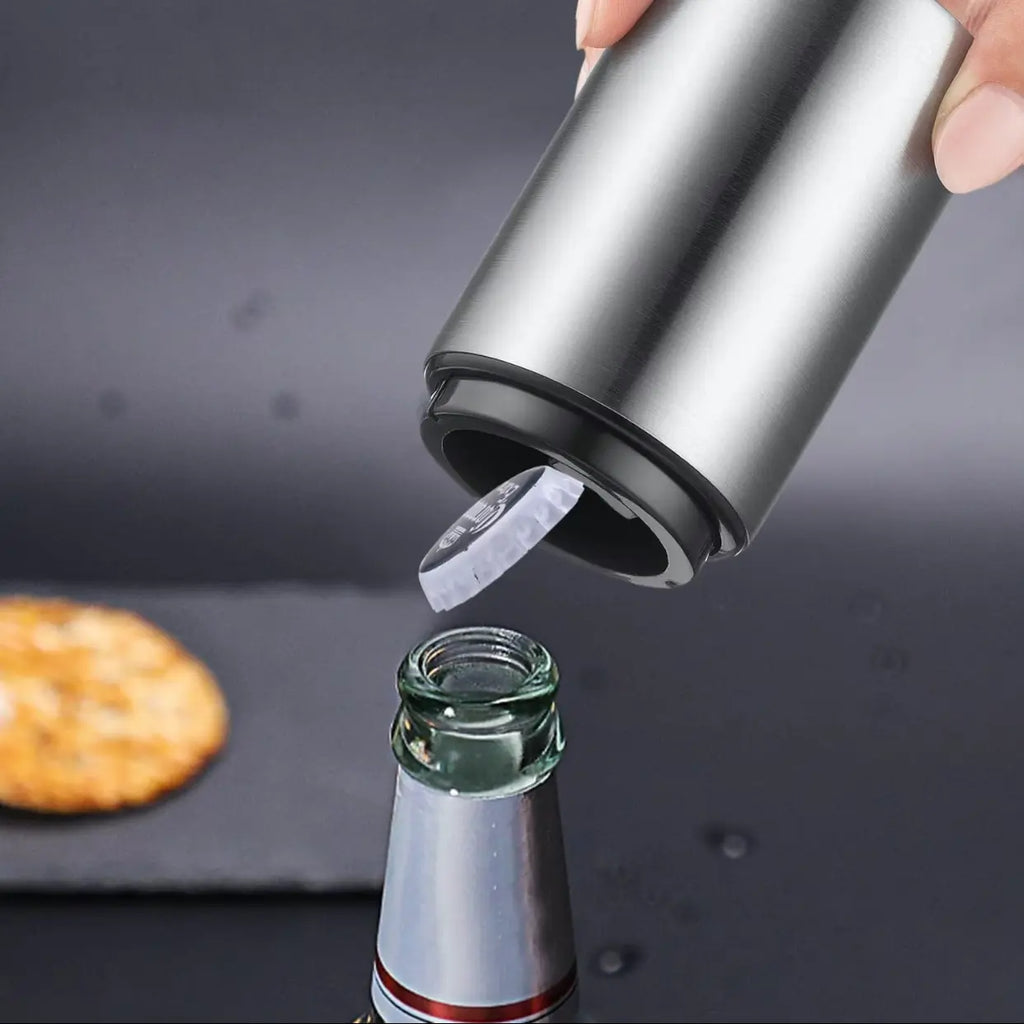 Premium Beer Bottle Opener (Silver),Magnetic Automatic Stainless Steel Pushdown Opener, No Capcan Escape, Quickopen Cap for Kitchen Home Barrestaurant Household Utensils