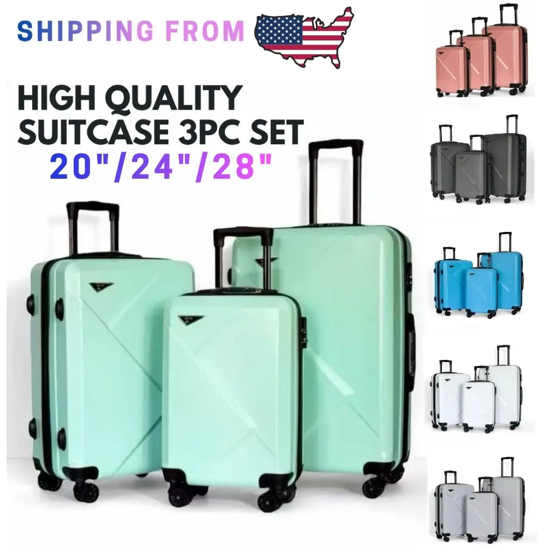 3Pcs Large-Capacity ABS+PC Hard Shell Luggage Set with Spinner Wheels & Security Locks 20"/24"/28" Suitcases Multi-Color Travel Bags for Family Travel White Mint Grey Skyblue Rose Golden