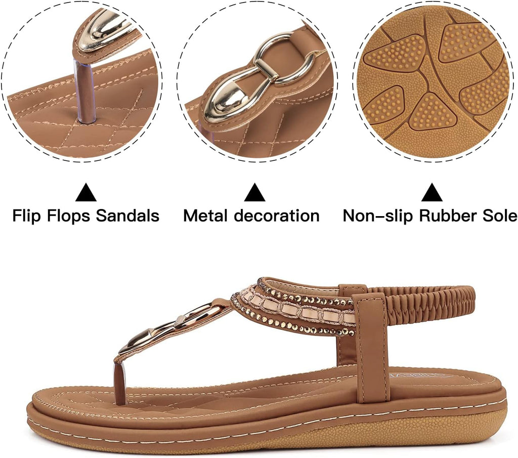 Womens Sandals Dressy Summer: Women Comfortable Walking Flat Bohemian T-Strap Ladies Casual Comfy Sandals