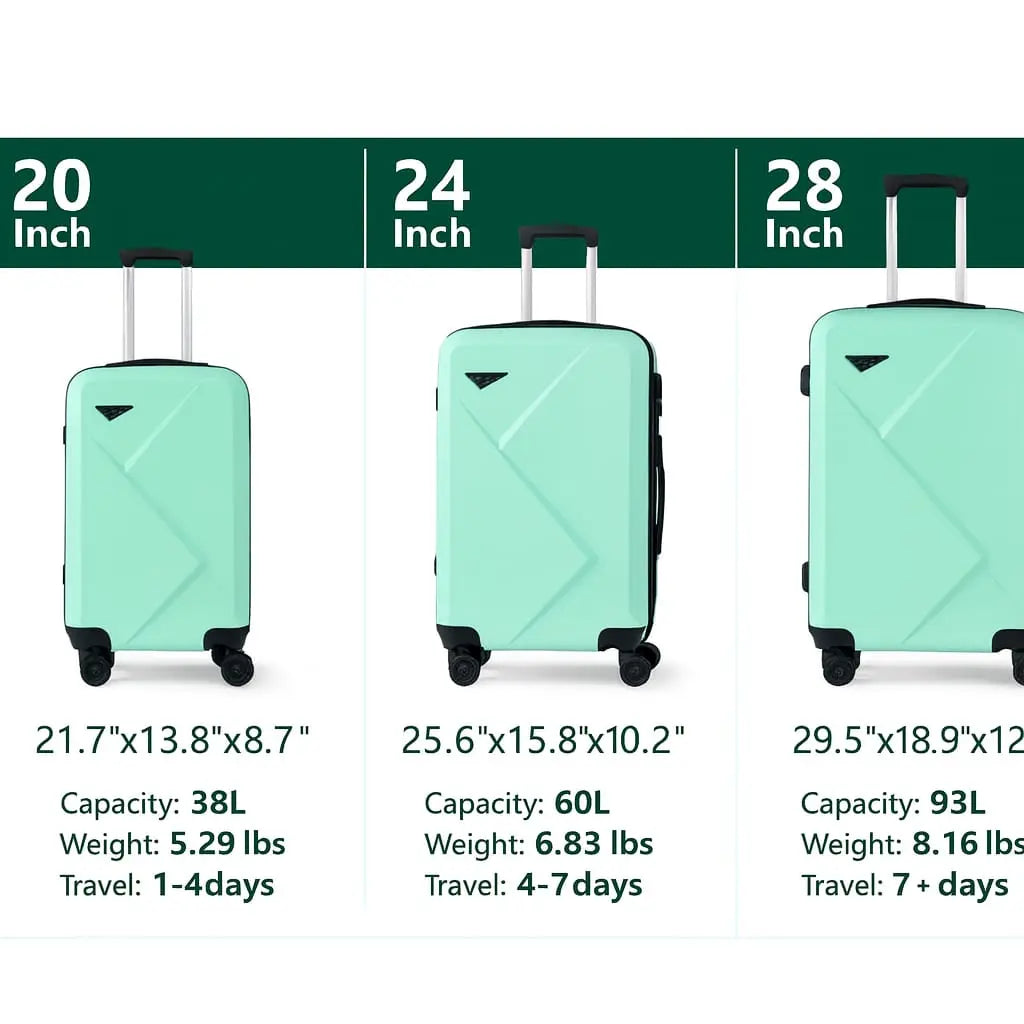 3Pcs Large-Capacity ABS+PC Hard Shell Luggage Set with Spinner Wheels & Security Locks 20"/24"/28" Suitcases Multi-Color Travel Bags for Family Travel White Mint Grey Skyblue Rose Golden