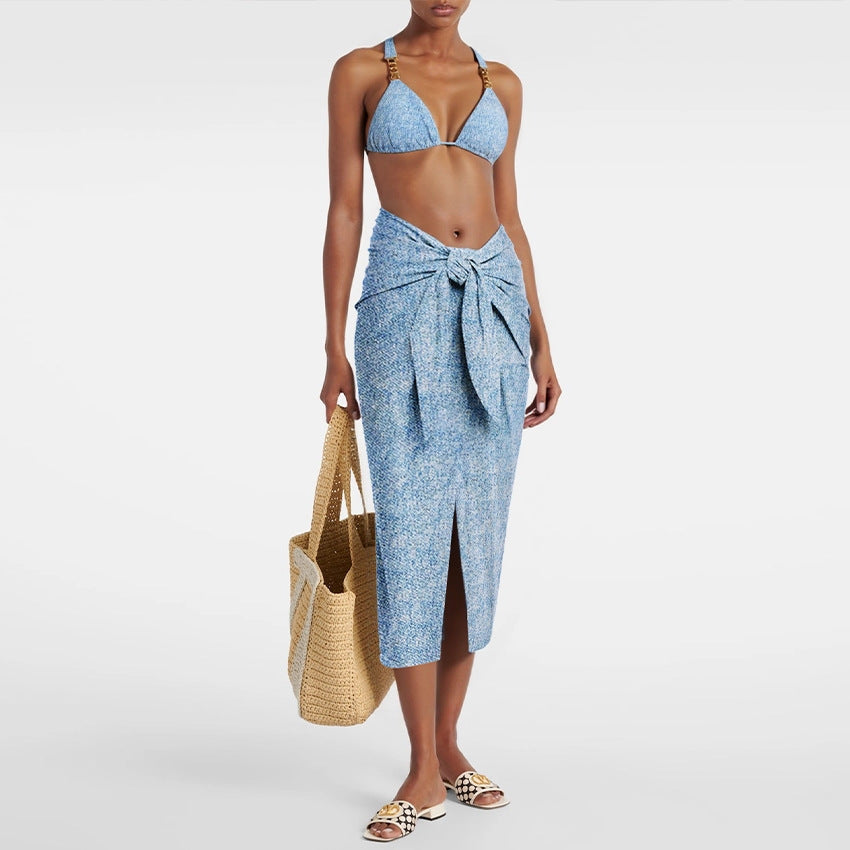 Triangular Sexy Denim Printed Two-Piece Swimsuit Set For Women