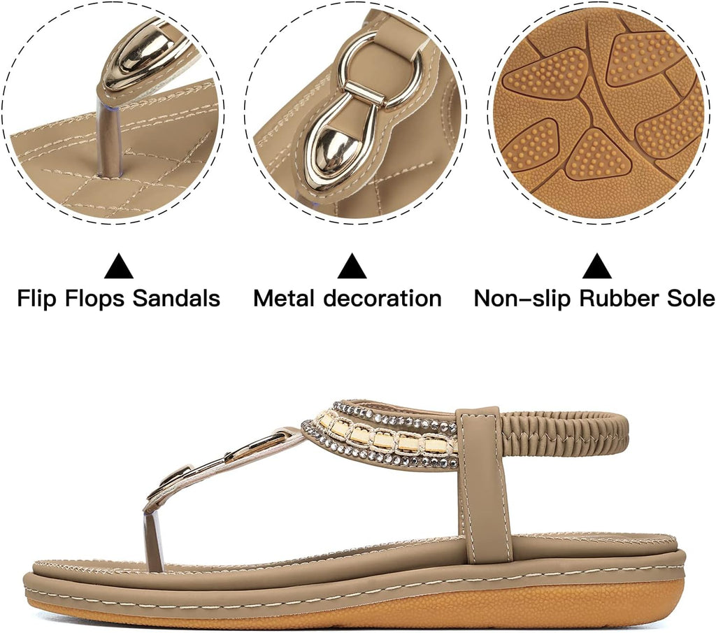 Womens Sandals Dressy Summer: Women Comfortable Walking Flat Bohemian T-Strap Ladies Casual Comfy Sandals