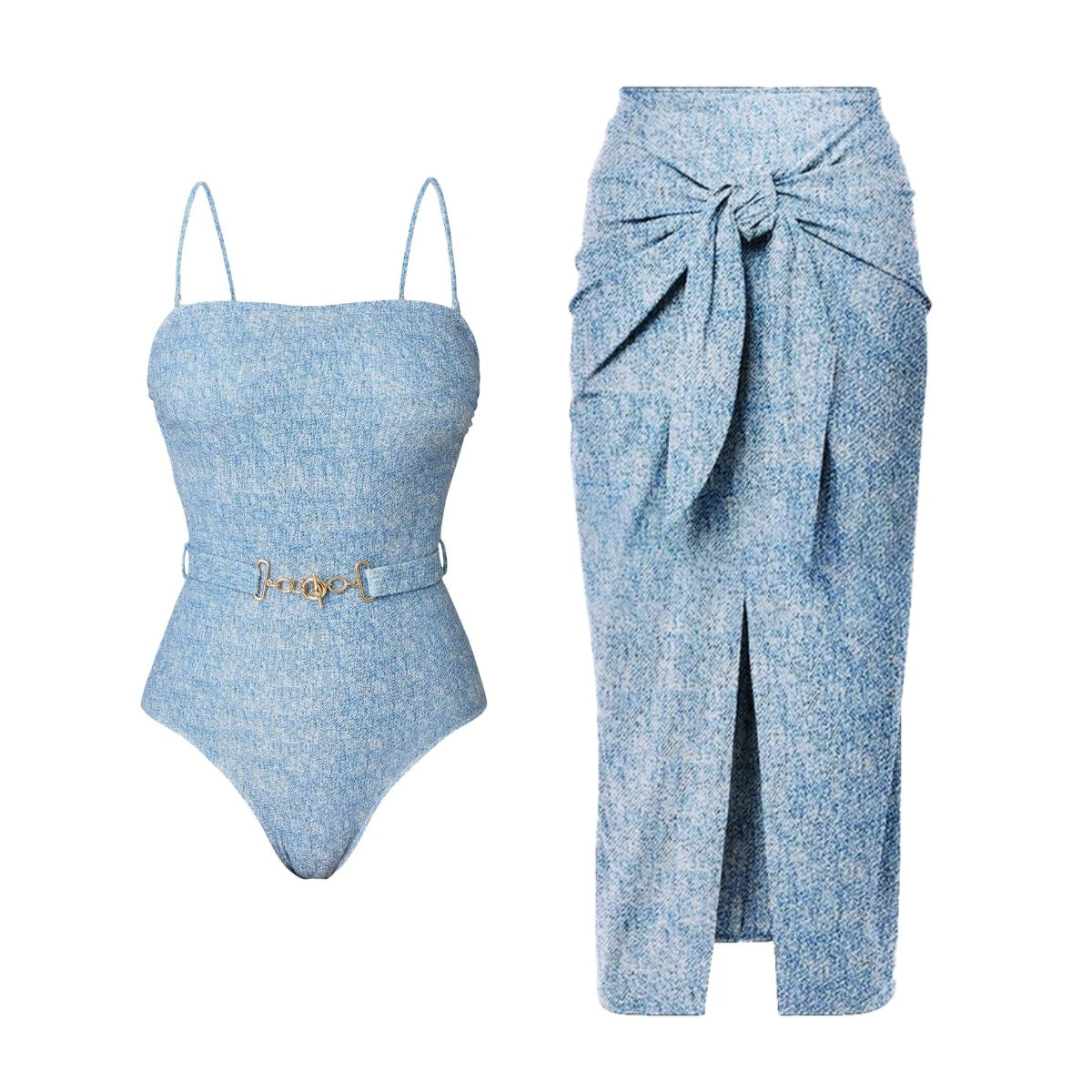 Triangular Sexy Denim Printed Two-Piece Swimsuit Set For Women
