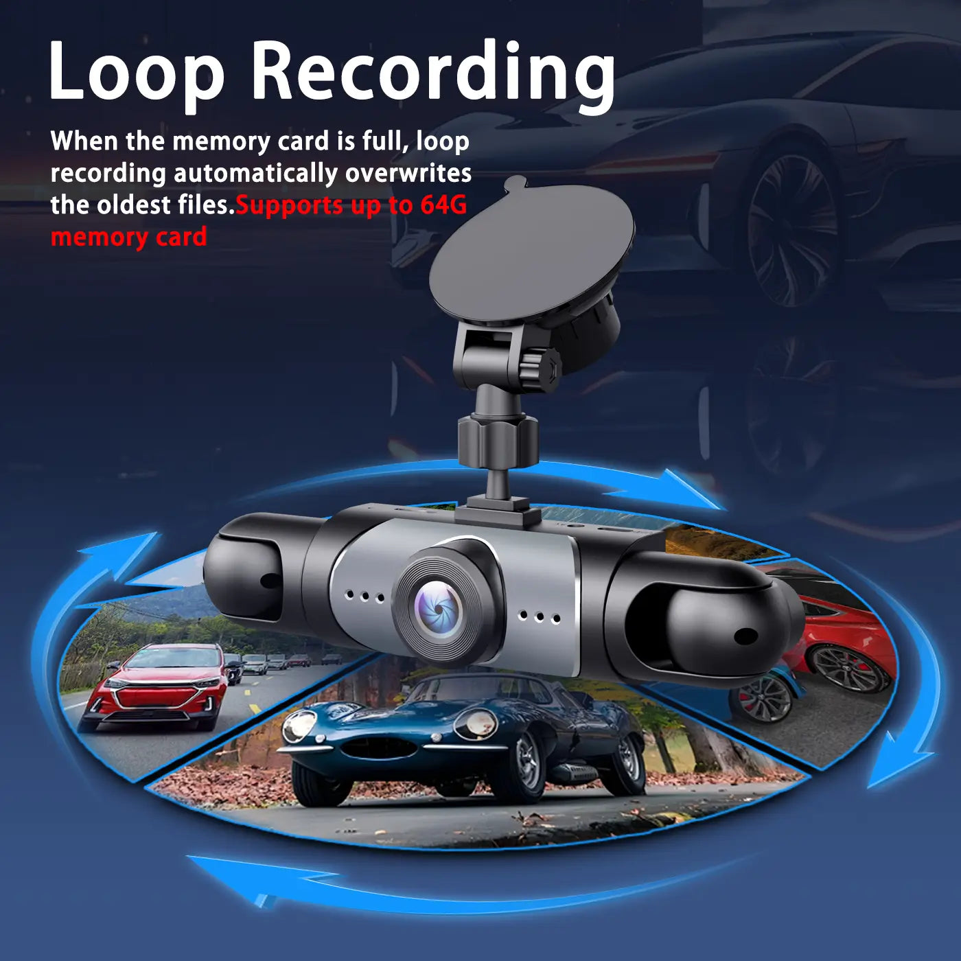 4 Channel Dash Cam for Car HD 1080P Video Recorder with Night Vision G-Sensor Loop Recording 3.16 Inch LCD Monitor 64GB Memory Card