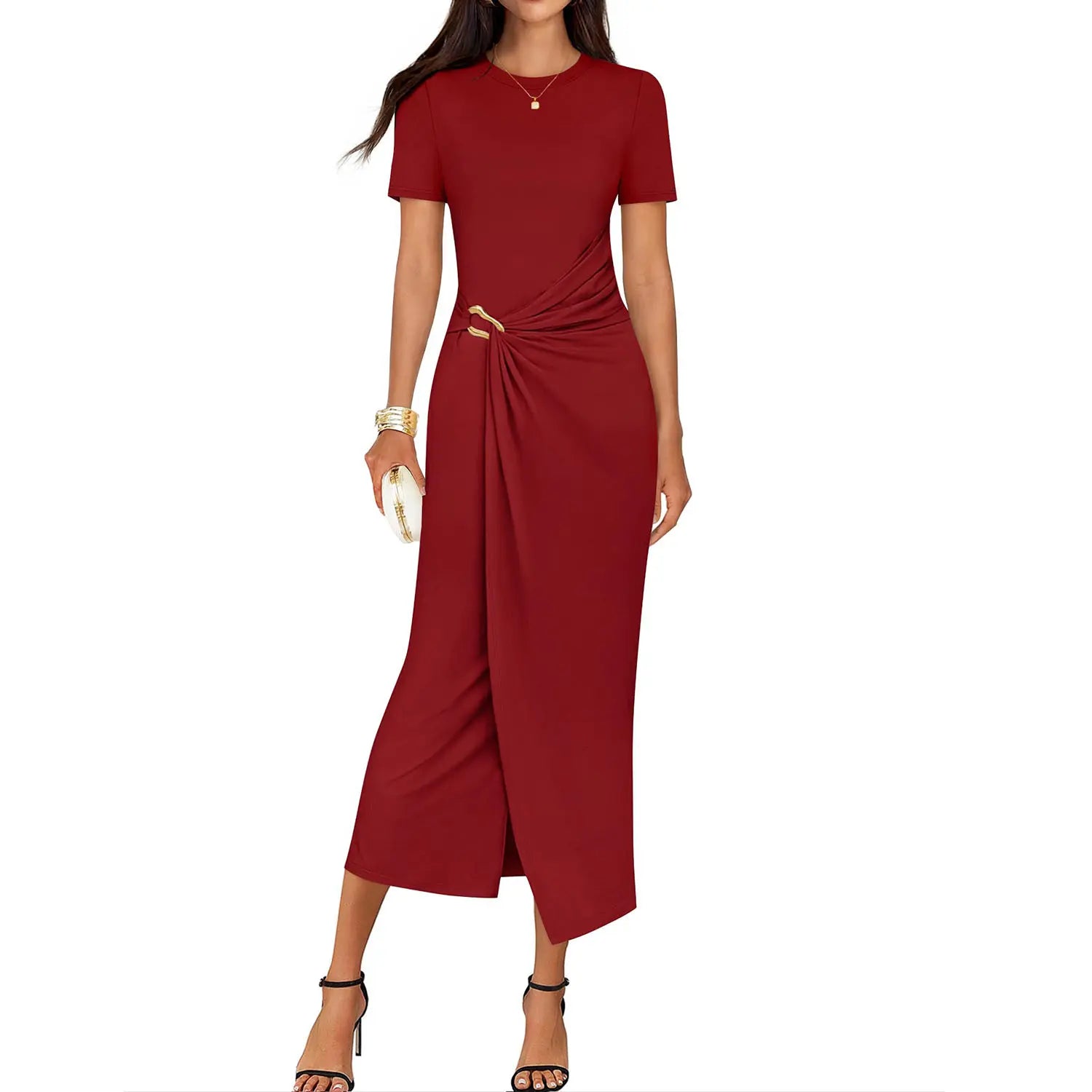 ZESICA Women'S 2026 Summer Short Sleeve Bodycon Midi Dress Crewneck Ruched Wedding Guest Cocktail Party Long Dresses