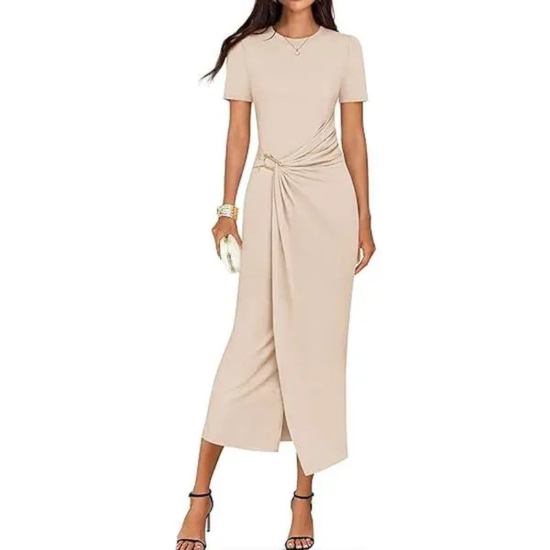 ZESICA Women'S 2026 Summer Short Sleeve Bodycon Midi Dress Crewneck Ruched Wedding Guest Cocktail Party Long Dresses