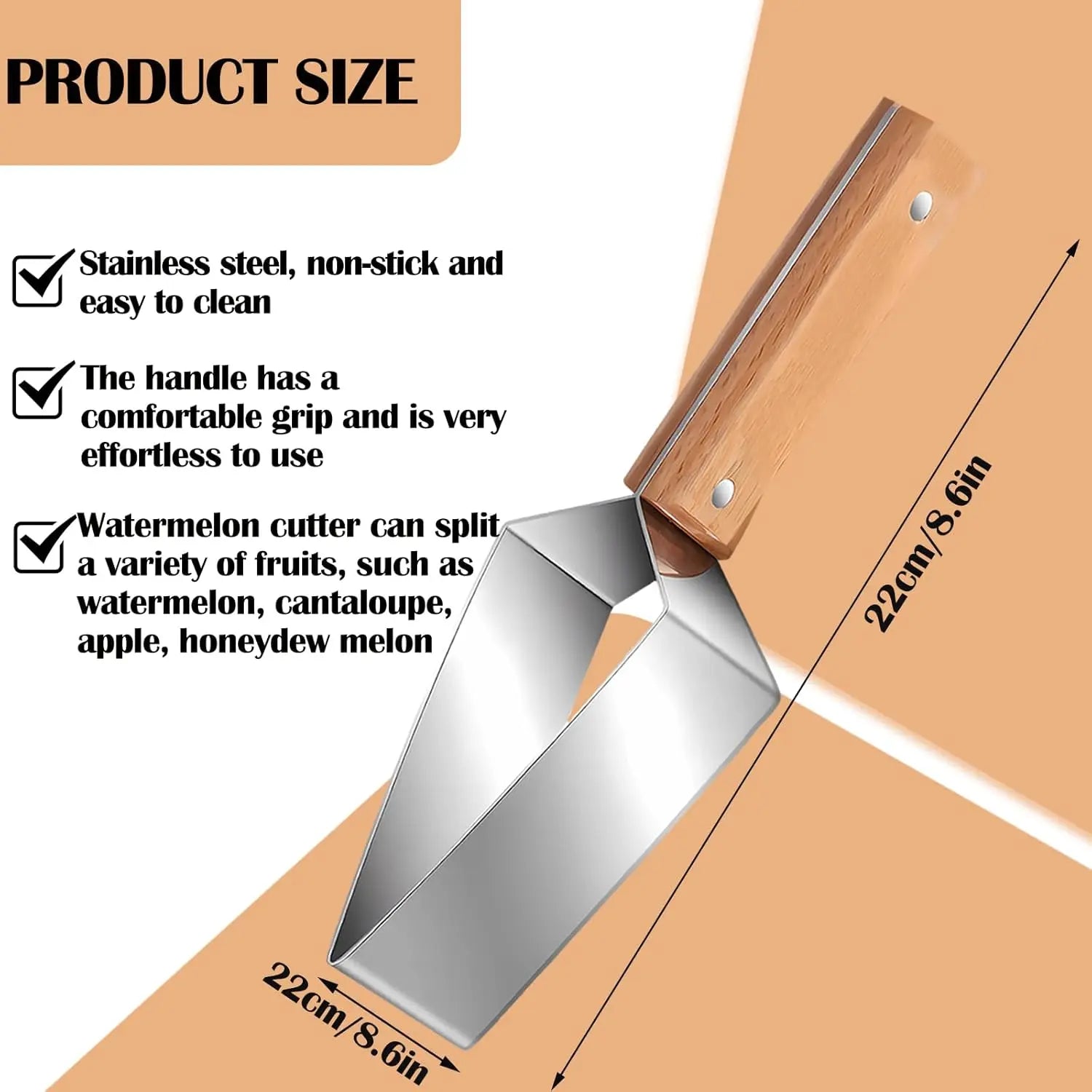 1/2 PCS Triangle Watermelon Cutter, Stainless Steel with Wooden Handle - Melon Slicer, Fruit Cutter for Kitchen Gadgets