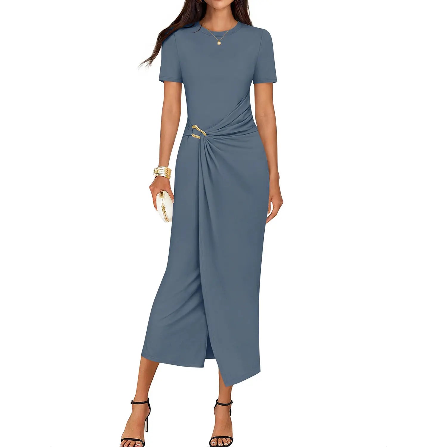 ZESICA Women'S 2026 Summer Short Sleeve Bodycon Midi Dress Crewneck Ruched Wedding Guest Cocktail Party Long Dresses
