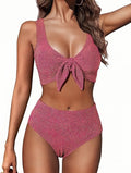 V-neck Lace-up Gold-thread Jacquard Split Swimsuit