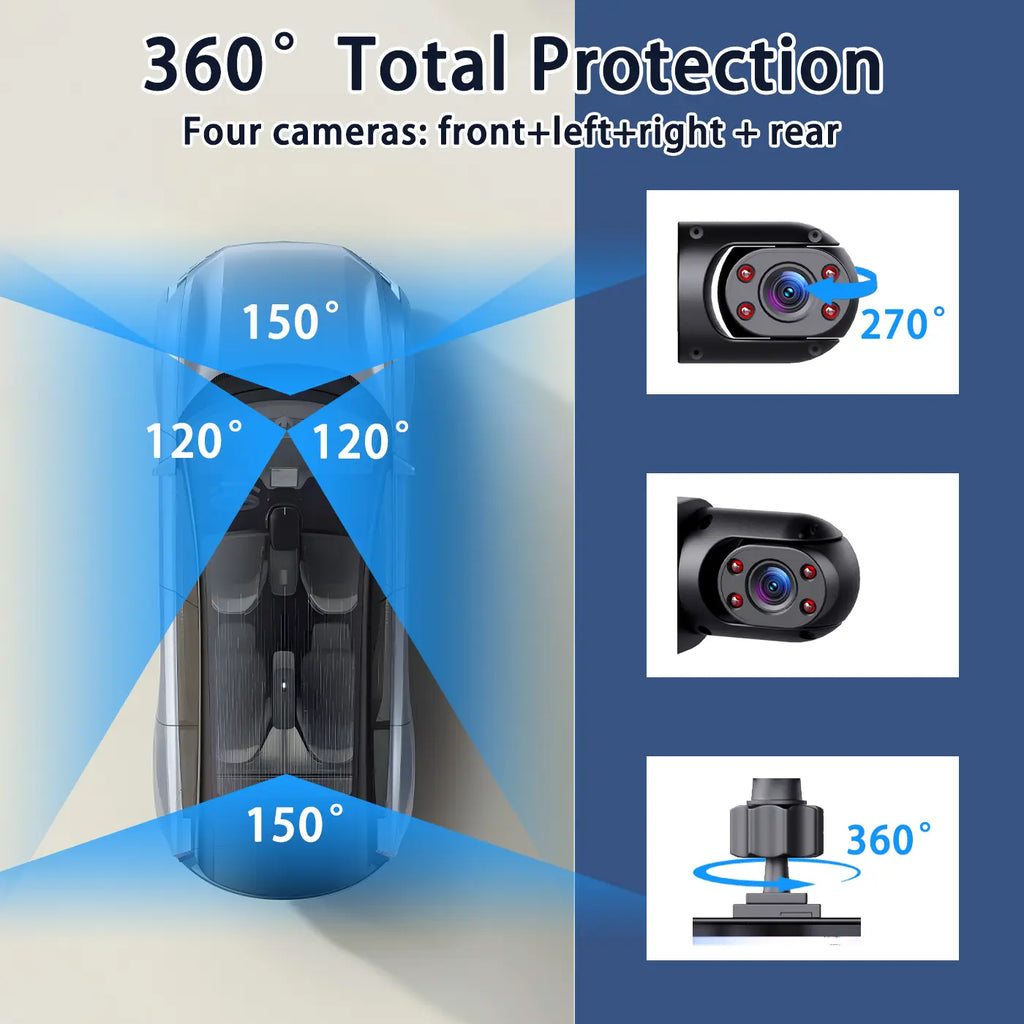 4 Channel Dash Cam for Car HD 1080P Video Recorder with Night Vision G-Sensor Loop Recording 3.16 Inch LCD Monitor 64GB Memory Card