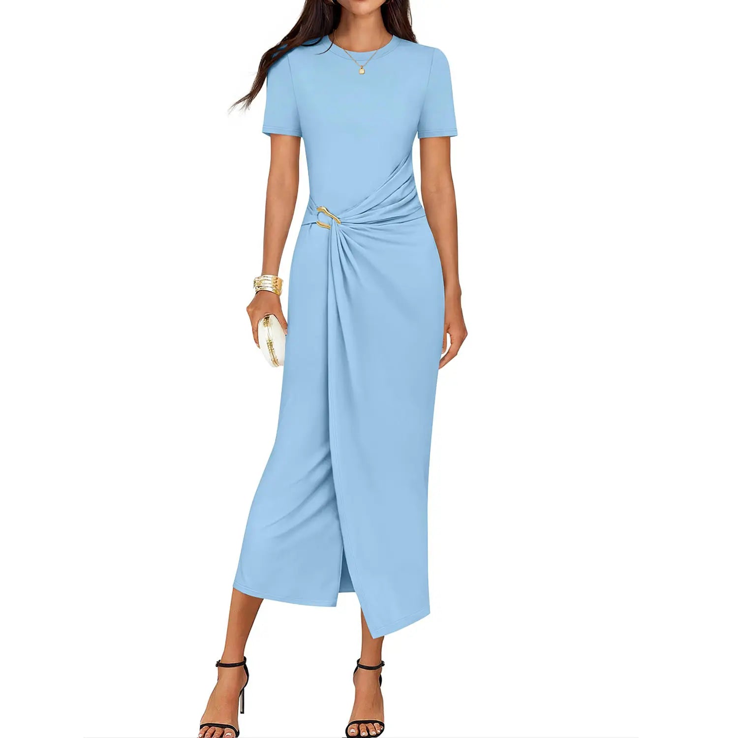 ZESICA Women'S 2026 Summer Short Sleeve Bodycon Midi Dress Crewneck Ruched Wedding Guest Cocktail Party Long Dresses