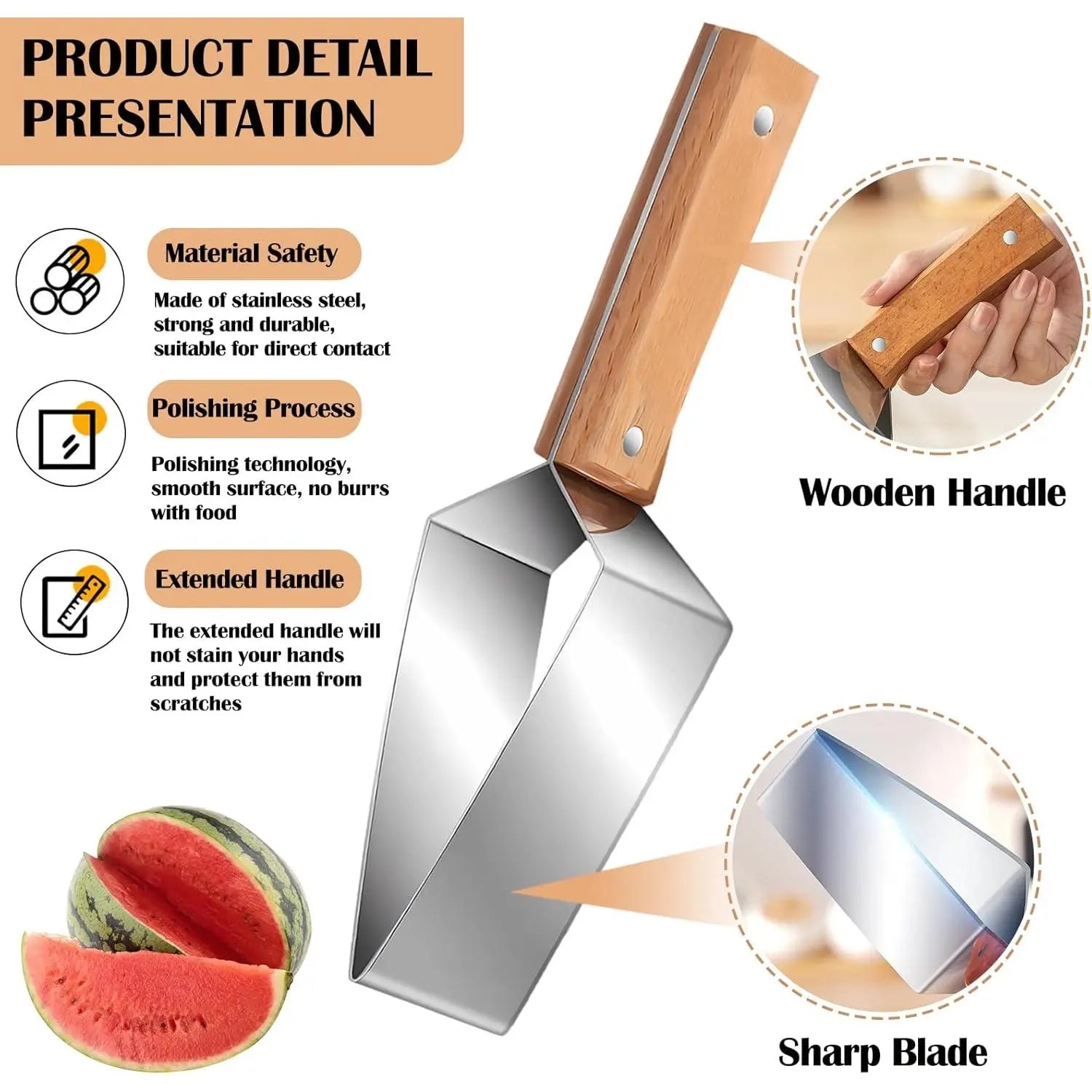 1/2 PCS Triangle Watermelon Cutter, Stainless Steel with Wooden Handle - Melon Slicer, Fruit Cutter for Kitchen Gadgets