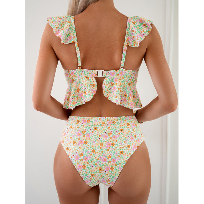 European American Style Ruffled Shoulder Deep V Push Up Floral Print Swimsuit