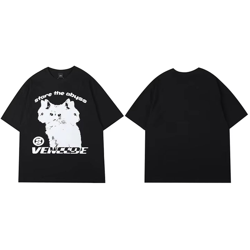 2025 New Streetwear Tshirt Hydra Cat Graphic T Shirt Men Cotton T-Shirt Hip Hop Loose Tops Tees Summer Short Sleeve Black White