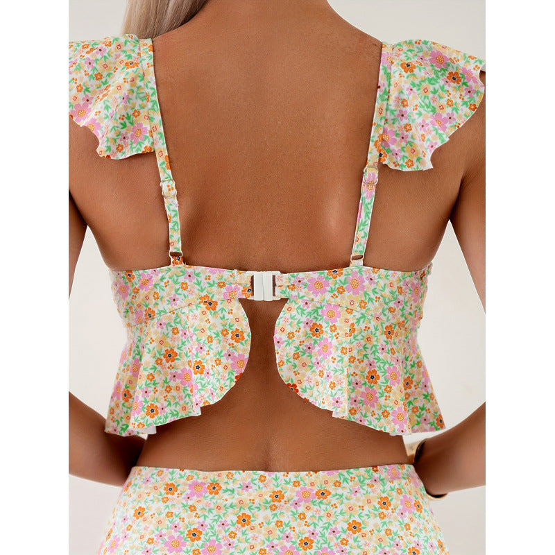 Maillot de bain imprimé floral push-up col en V profond avec épaules à volants de style européen-américain