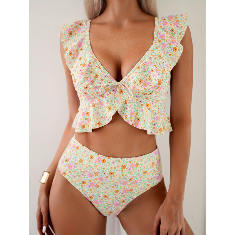European American Style Ruffled Shoulder Deep V Push Up Floral Print Swimsuit