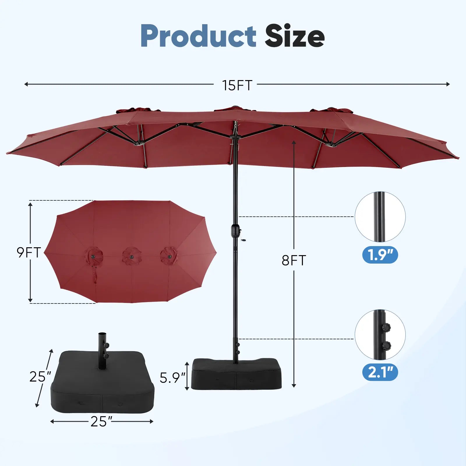15Ft Large Patio Umbrella with Base Included, Rectangle Table Umbrella Outdoor Patio, outside Umbrellas for Deck, Market, Backyard