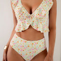 Maillot de bain imprimé floral push-up col en V profond avec épaules à volants de style européen-américain