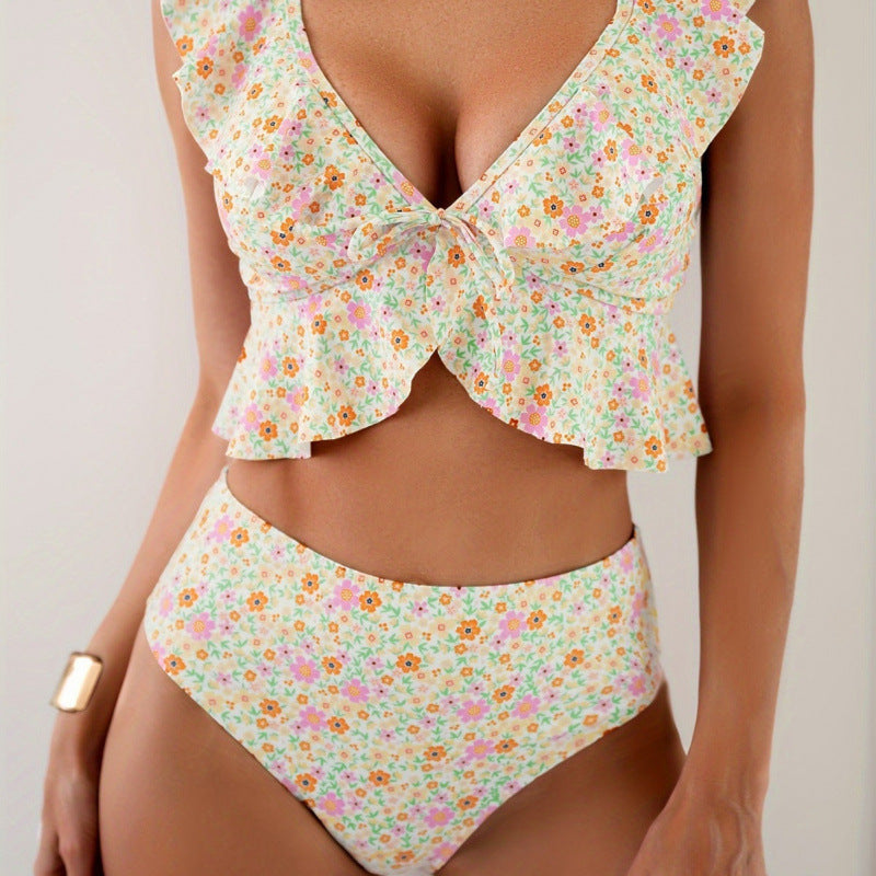 European American Style Ruffled Shoulder Deep V Push Up Floral Print Swimsuit
