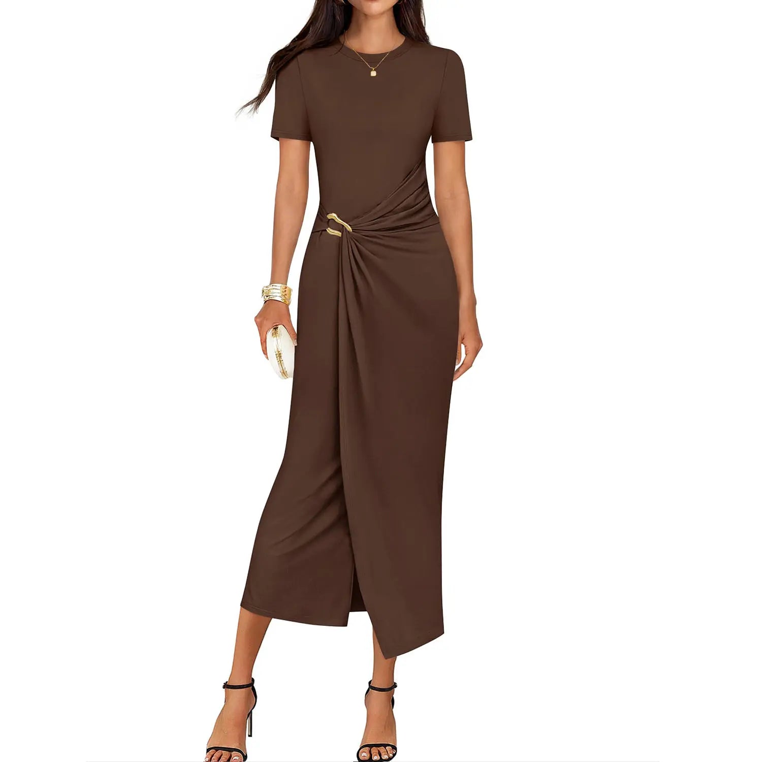 ZESICA Women'S 2026 Summer Short Sleeve Bodycon Midi Dress Crewneck Ruched Wedding Guest Cocktail Party Long Dresses
