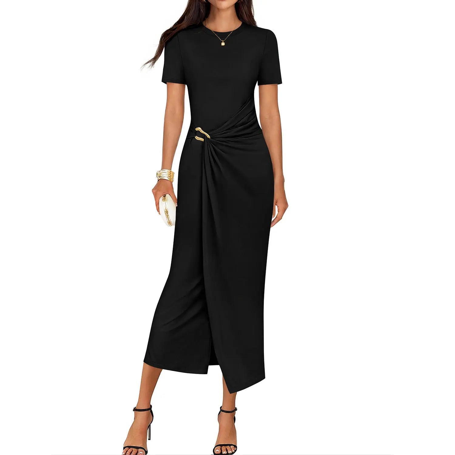 ZESICA Women'S 2026 Summer Short Sleeve Bodycon Midi Dress Crewneck Ruched Wedding Guest Cocktail Party Long Dresses