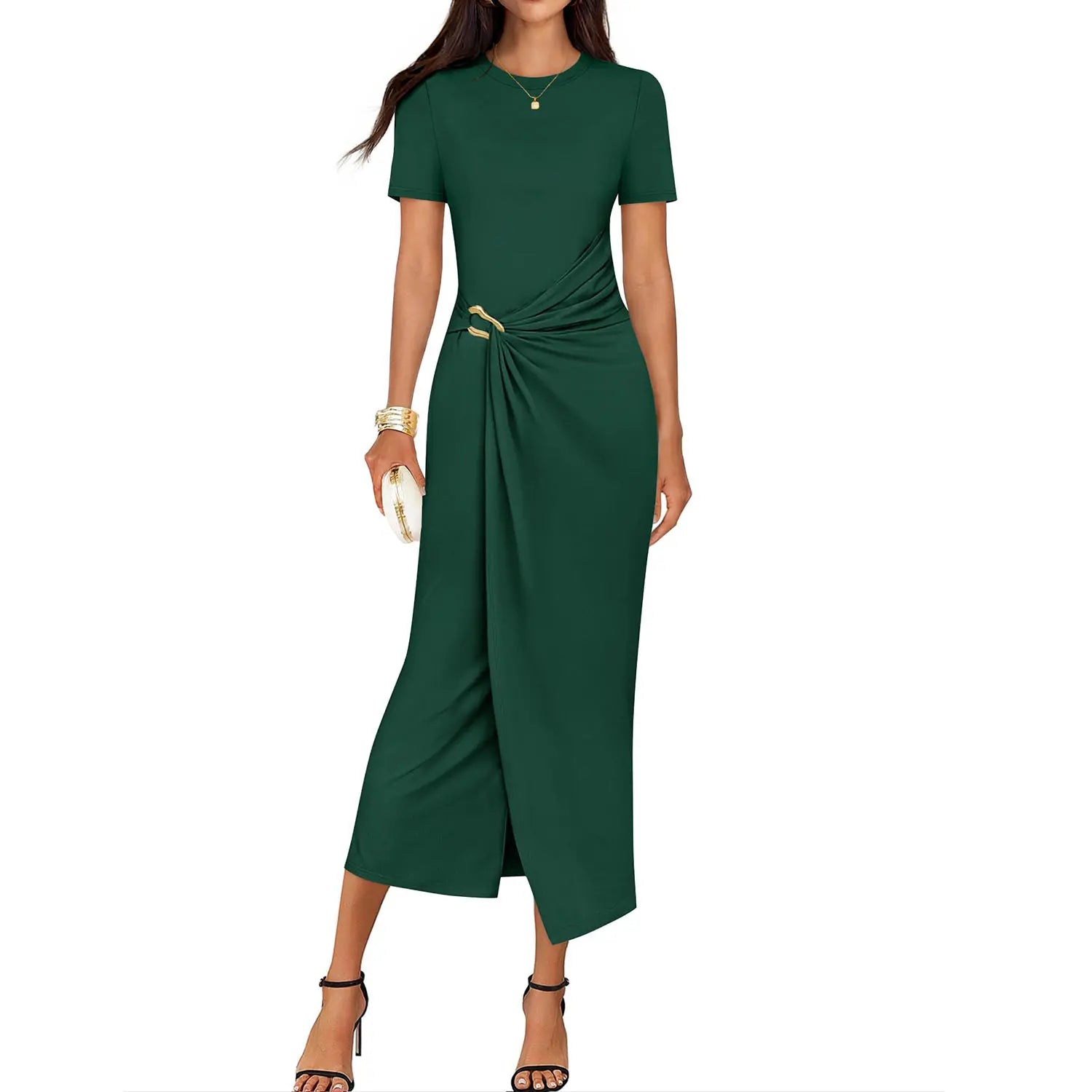 ZESICA Women'S 2026 Summer Short Sleeve Bodycon Midi Dress Crewneck Ruched Wedding Guest Cocktail Party Long Dresses